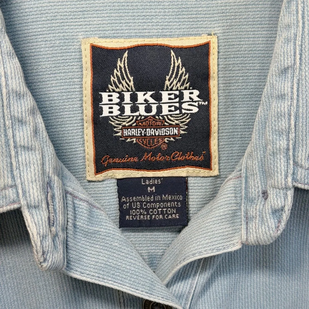 Y2K Harley Davidson Denim Vest Biker Blues Womens M Sleeveless Button Shirt